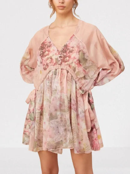 Floral Printed Pleated Pink Silk Mini Dress - Dresses