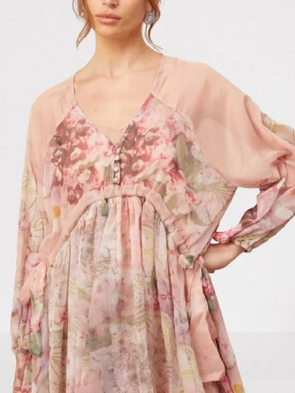 Floral Printed Pleated Pink Silk Mini Dress - Dresses