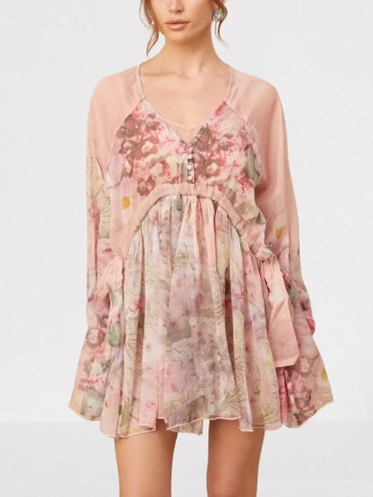 Floral Printed Pleated Pink Silk Mini Dress - Dresses