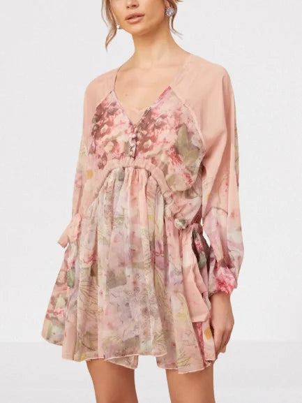 Floral Printed Pleated Pink Silk Mini Dress - Dresses