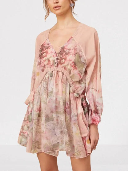 Floral Printed Pleated Pink Silk Mini Dress - Dresses