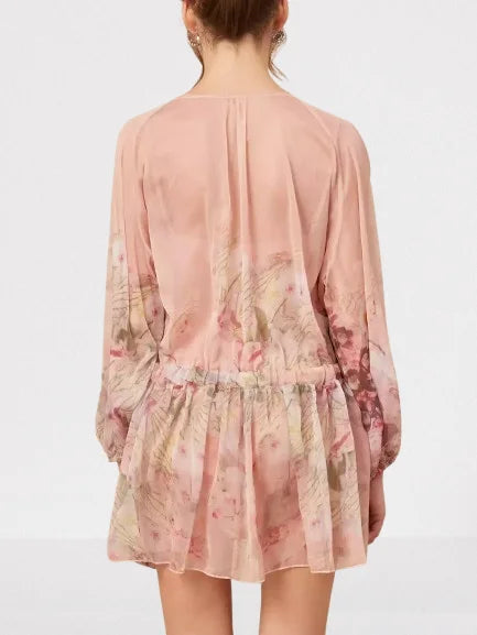 Floral Printed Pleated Pink Silk Mini Dress - Dresses