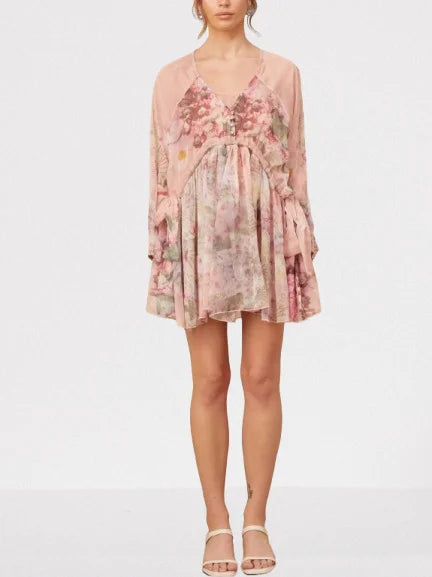 Floral Printed Pleated Pink Silk Mini Dress - Dresses