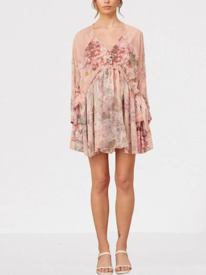 Floral Printed Pleated Pink Silk Mini Dress - Dresses
