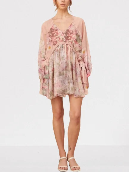 Floral Printed Pleated Pink Silk Mini Dress - Dresses