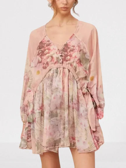 Floral Printed Pleated Pink Silk Mini Dress - S - Dresses