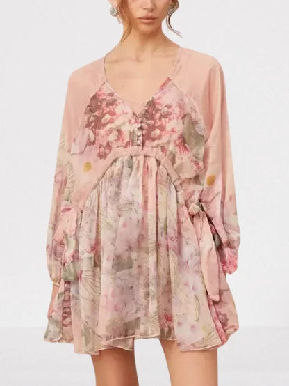 Floral Printed Pleated Pink Silk Mini Dress - S - Dresses