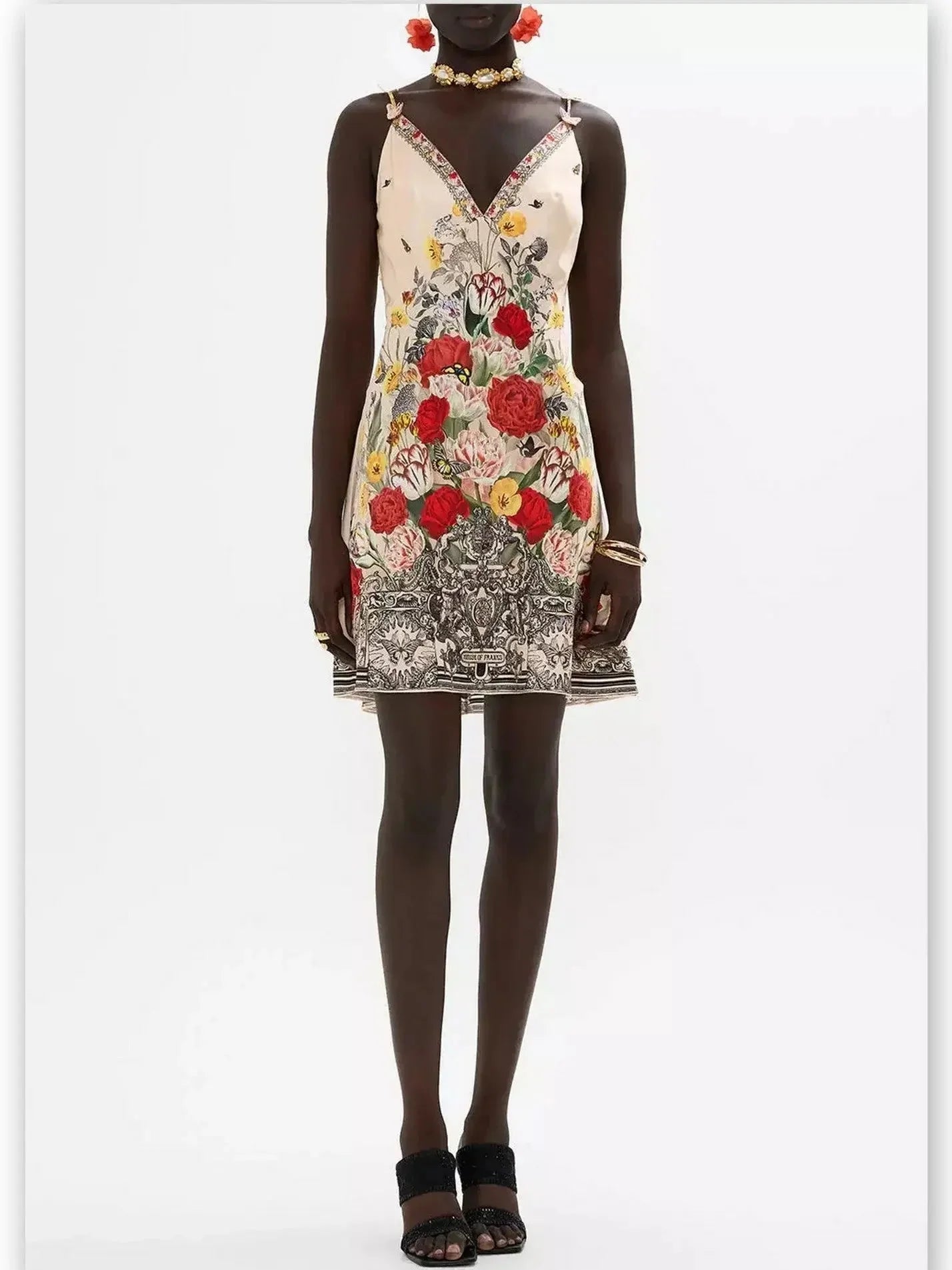Floral Printed Silk V-Neck Slip Dress with Back Frill - Dresses