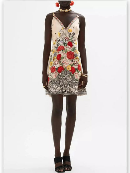 Floral Printed Silk V-Neck Slip Dress with Back Frill - Dresses
