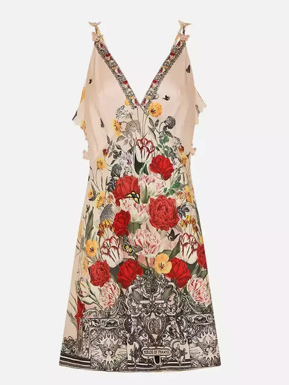 Floral Printed Silk V-Neck Slip Dress with Back Frill - Dresses
