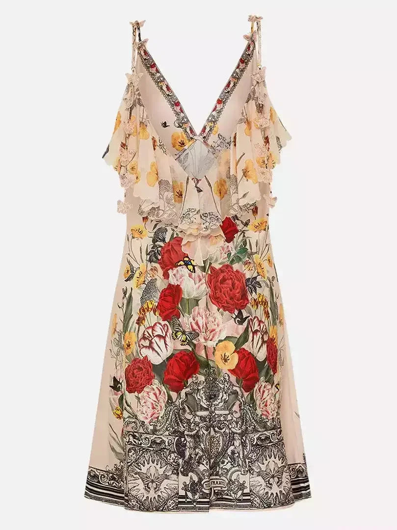 Floral Printed Silk V-Neck Slip Dress with Back Frill - Dresses