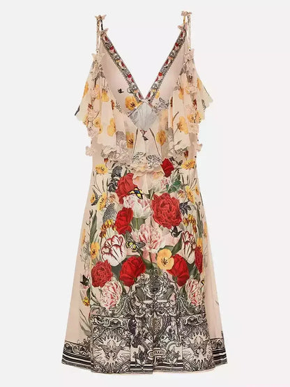 Floral Printed Silk V-Neck Slip Dress with Back Frill - Dresses