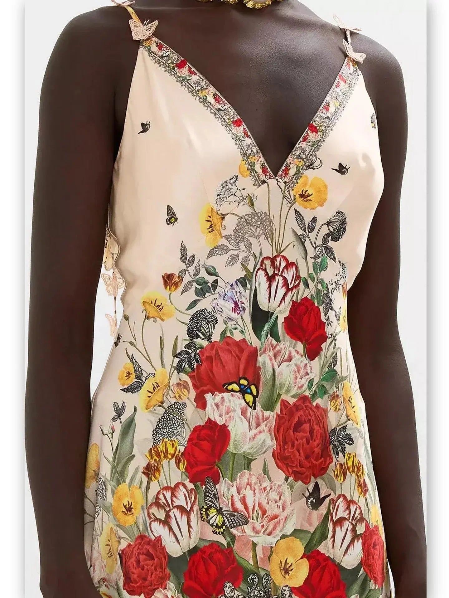 Floral Printed Silk V-Neck Slip Dress with Back Frill - Dresses