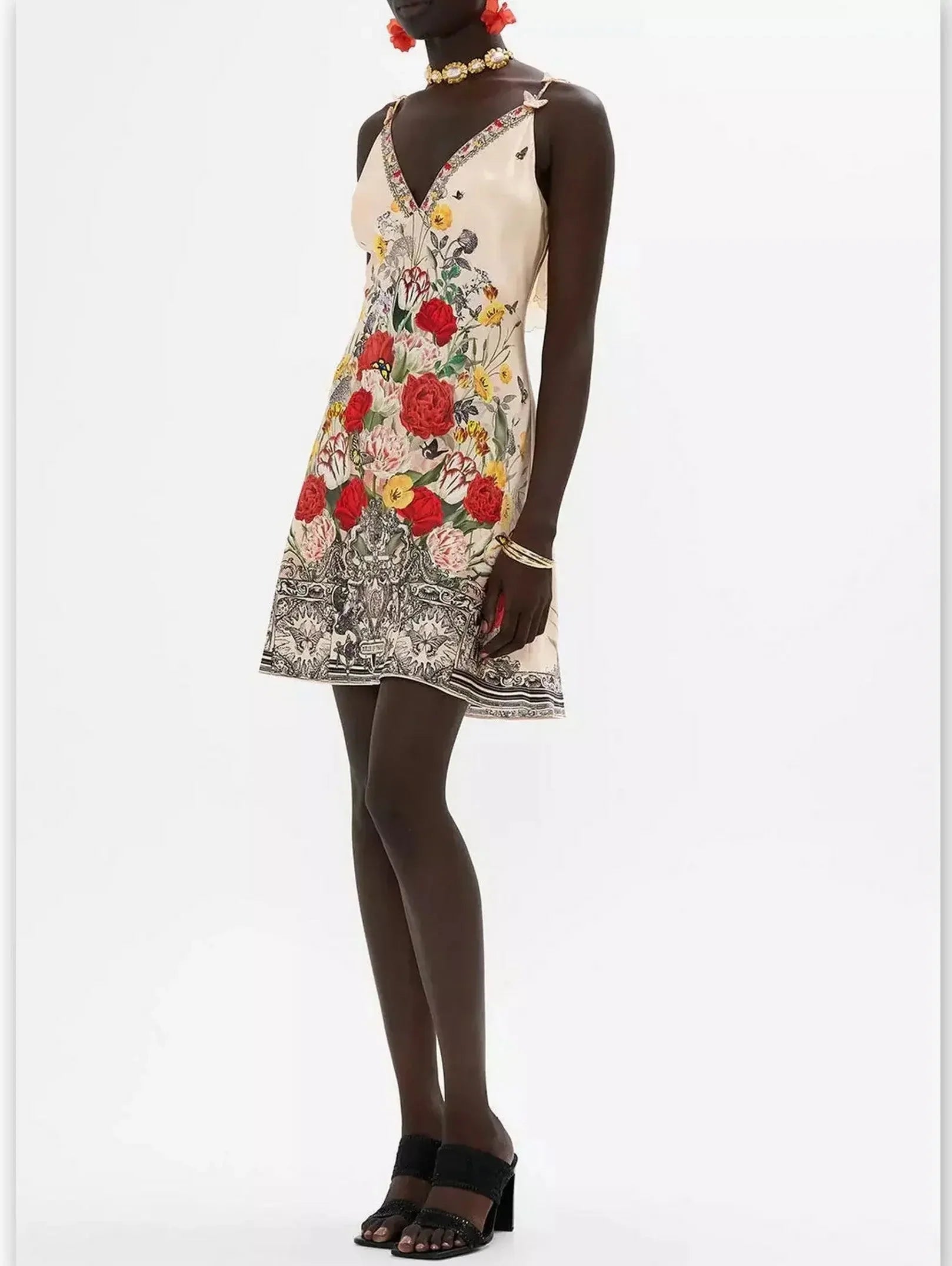 Floral Printed Silk V-Neck Slip Dress with Back Frill - Dresses
