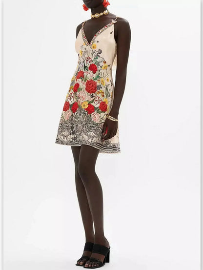 Floral Printed Silk V-Neck Slip Dress with Back Frill - Dresses