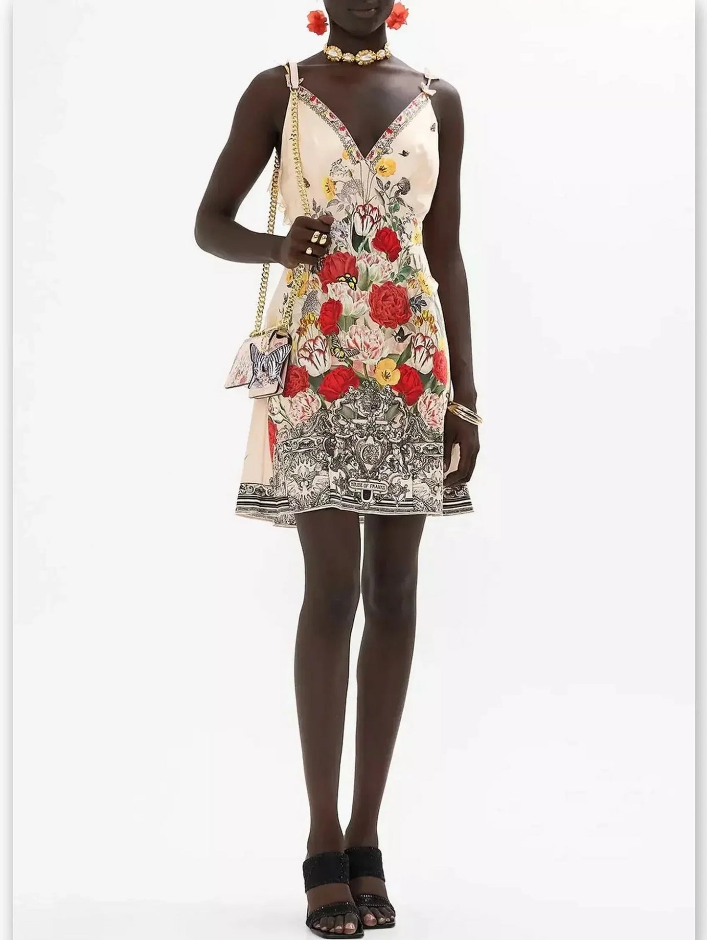 Floral Printed Silk V-Neck Slip Dress with Back Frill - Dresses