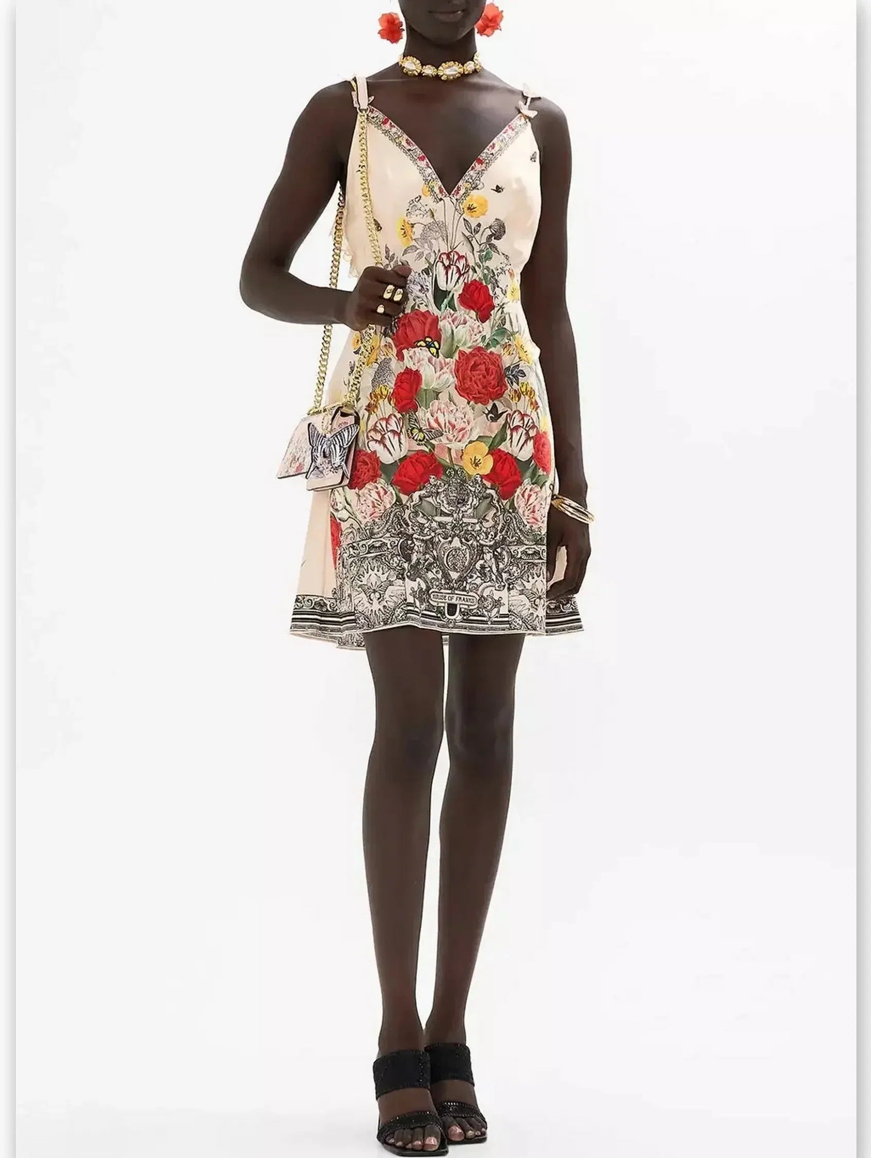 Floral Printed Silk V-Neck Slip Dress with Back Frill - Dresses