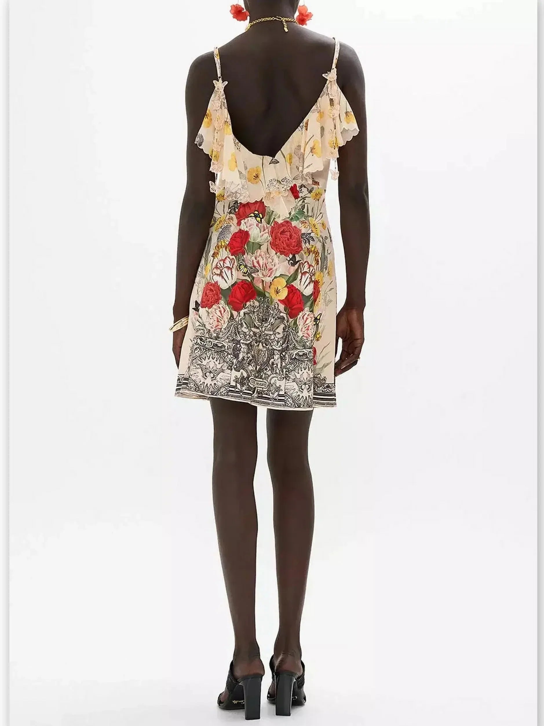 Floral Printed Silk V-Neck Slip Dress with Back Frill - Dresses