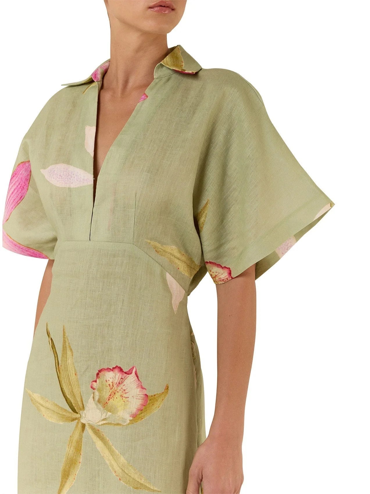 Floral Printed V-Neck Long Linen Dress - Dresses