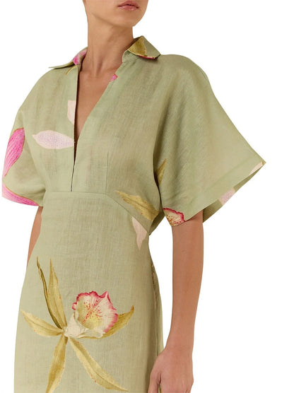 Floral Printed V-Neck Long Linen Dress - Dresses