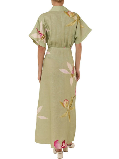 Floral Printed V-Neck Long Linen Dress - Dresses