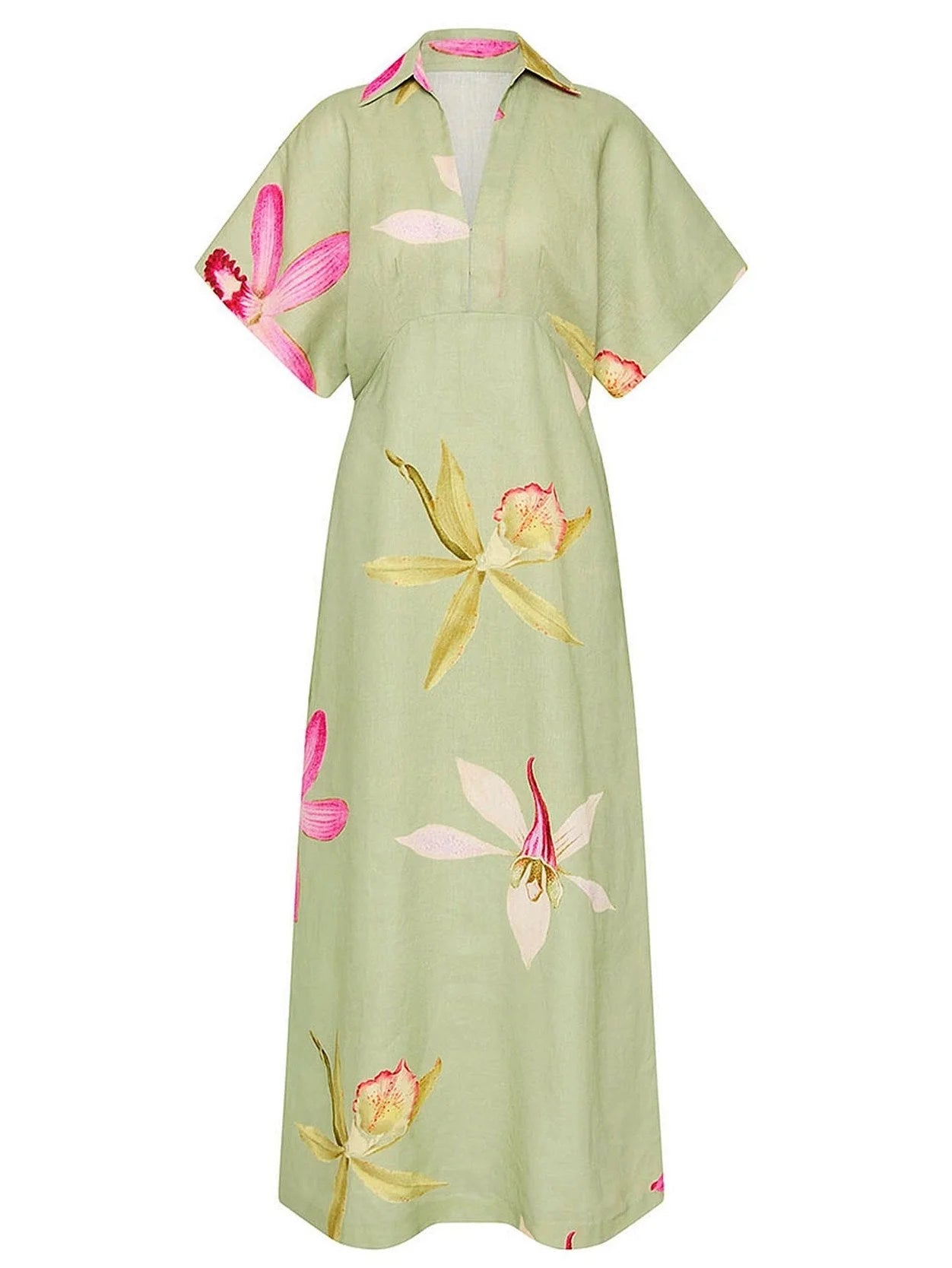 Floral Printed V-Neck Long Linen Dress - Dresses