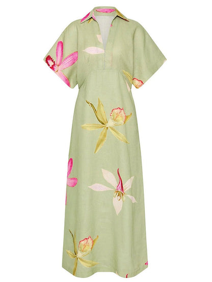 Floral Printed V-Neck Long Linen Dress - Dresses