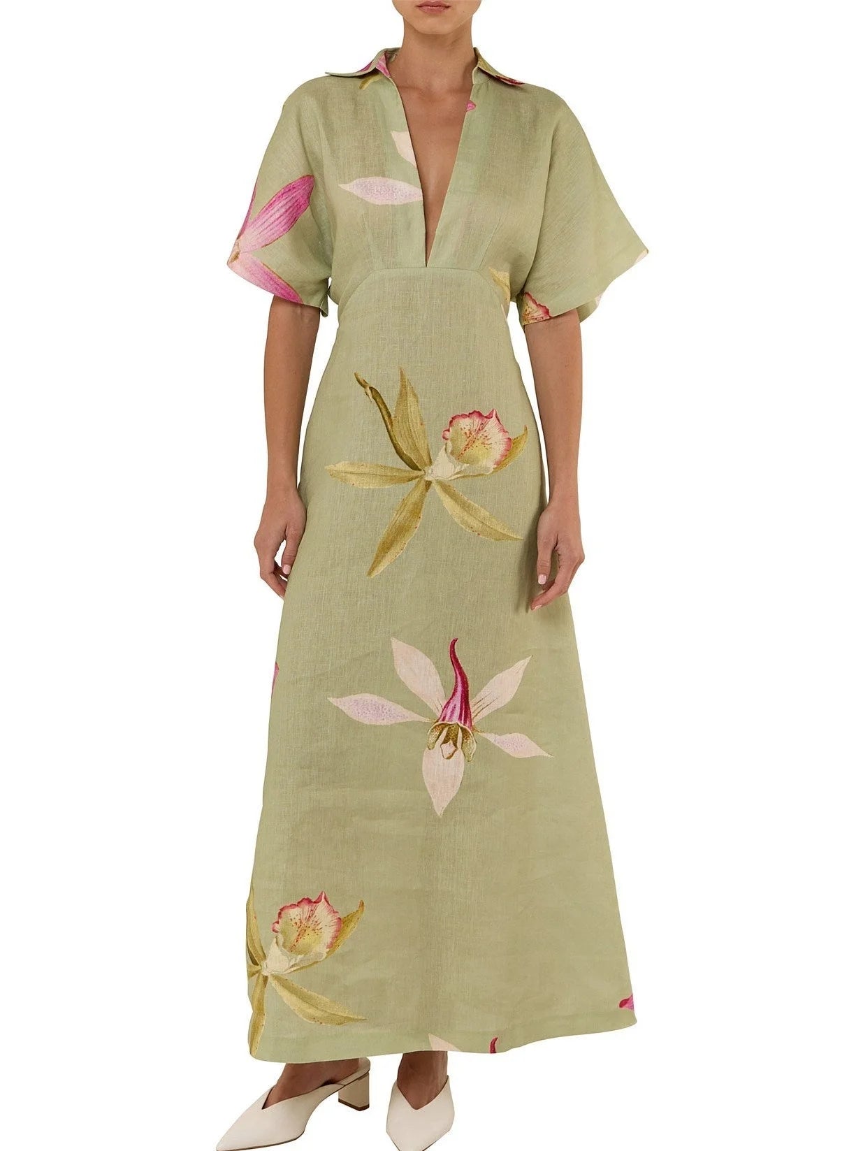 Floral Printed V-Neck Long Linen Dress - S - Dresses