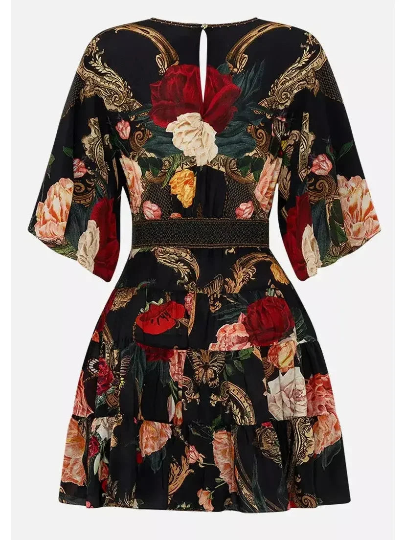 Floral Printed V-Neck Silk Mini Dress - Dresses