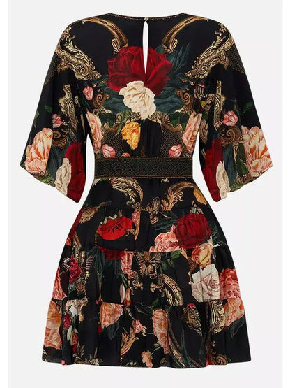 Floral Printed V-Neck Silk Mini Dress - Dresses