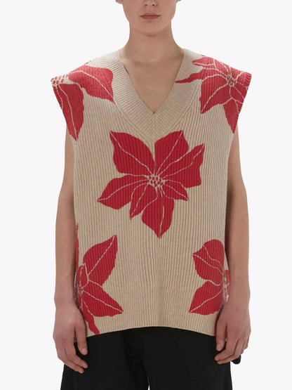 Floral-Printed V-Neck Sleeveless Vest Sweater - Sweaters & Knitwear