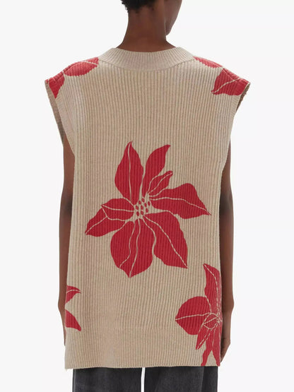 Floral-Printed V-Neck Sleeveless Vest Sweater - Sweaters & Knitwear