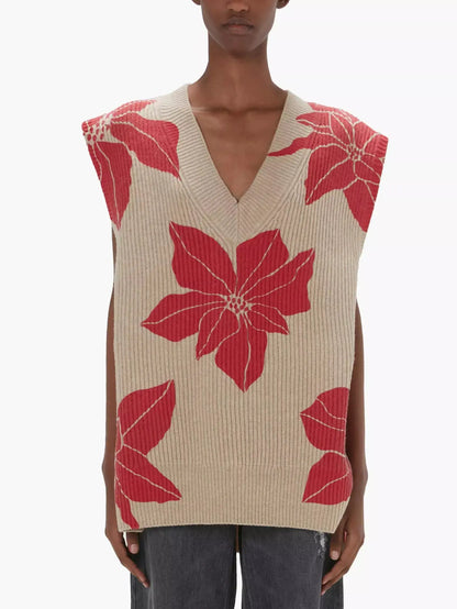 Floral-Printed V-Neck Sleeveless Vest Sweater - Sweaters & Knitwear