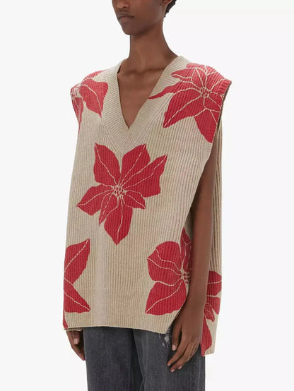 Floral-Printed V-Neck Sleeveless Vest Sweater - Sweaters & Knitwear