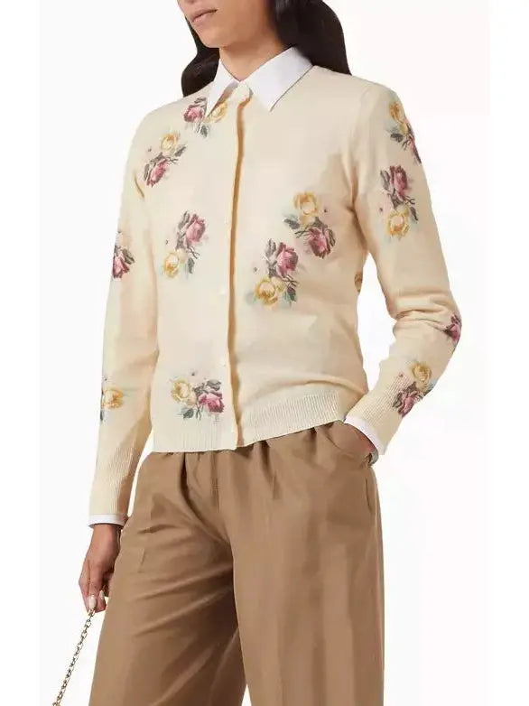 Floral Printed Wool Cardigan - Sweaters & Knitwear