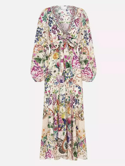 Floral Printed Wrap Tie Silk Dress with Blouson Sleeves - Dresses