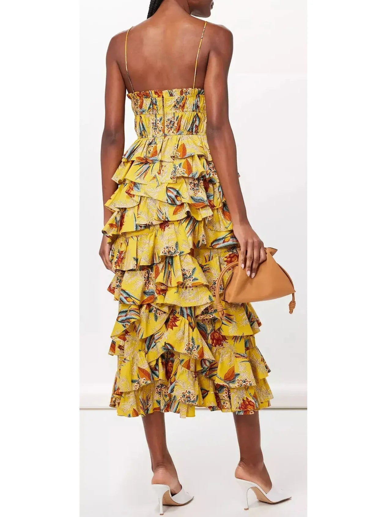 Floral Printed Yellow Ruffle Tiered Midi Dress - Dresses