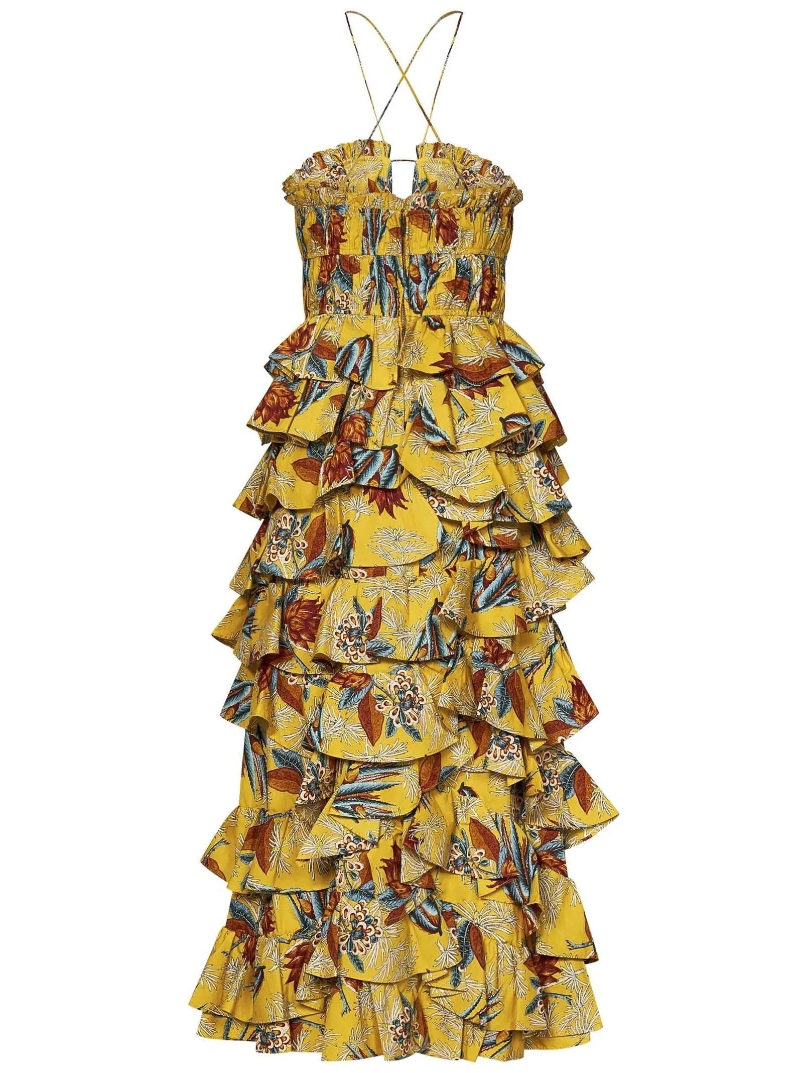 Floral Printed Yellow Ruffle Tiered Midi Dress - Dresses