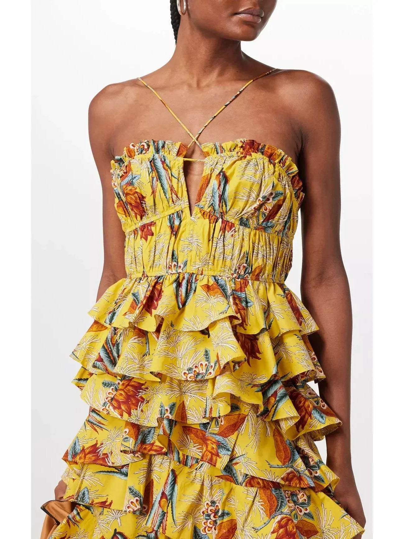 Floral Printed Yellow Ruffle Tiered Midi Dress - Dresses