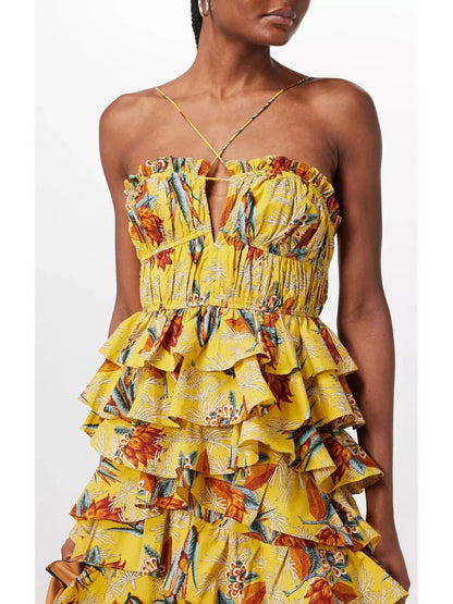 Floral Printed Yellow Ruffle Tiered Midi Dress - Dresses