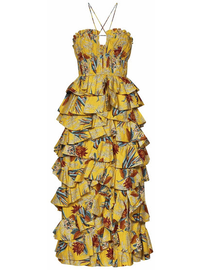 Floral Printed Yellow Ruffle Tiered Midi Dress - s - Dresses