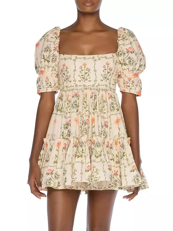 Floral Puff-Sleeve Frill Cotton Mini Dress featuring stylish puff sleeves and frill details