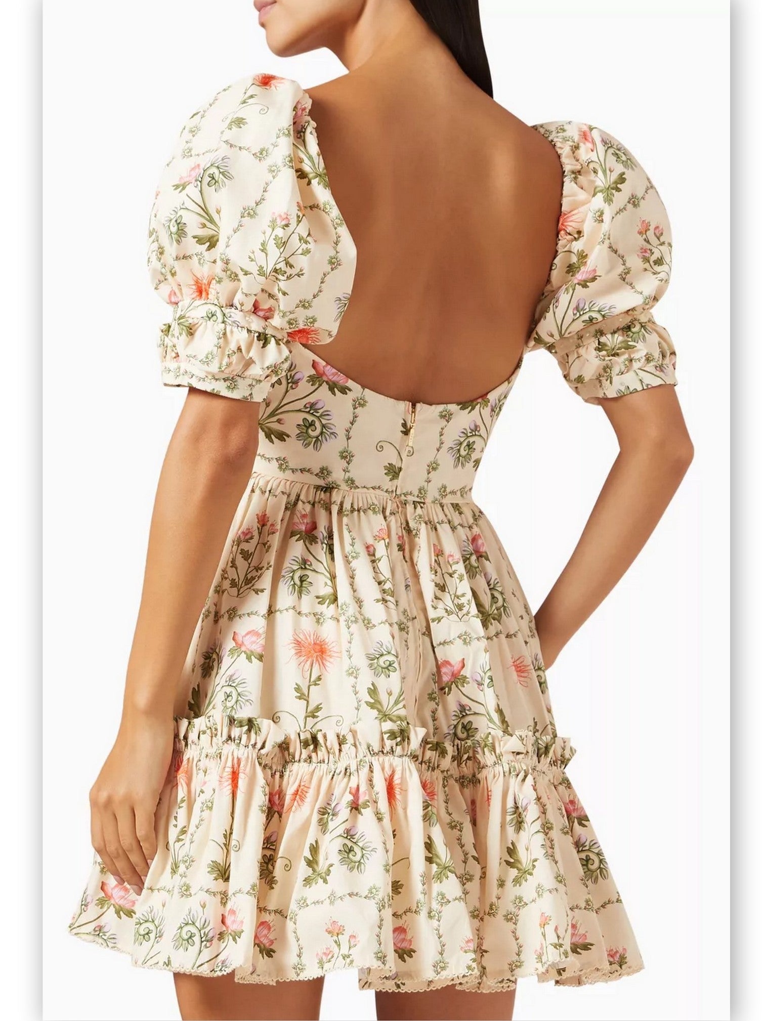 Floral Puff-Sleeve Frill Cotton Mini Dress with vibrant floral print design