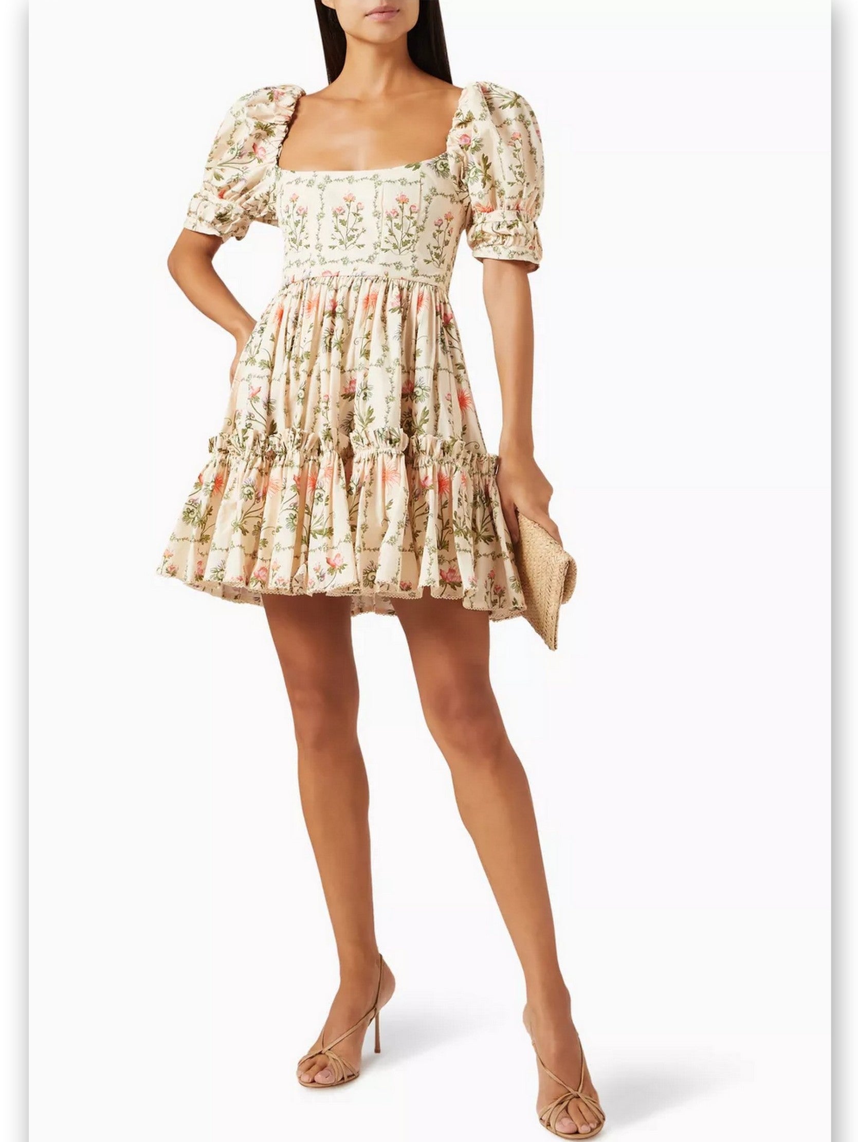 Floral Puff-Sleeve Frill Cotton Mini Dress showcasing a stylish design with puff sleeves