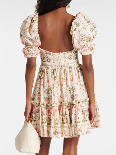 Floral Puff-Sleeve Frill Cotton Mini Dress with stylish floral print and frill details
