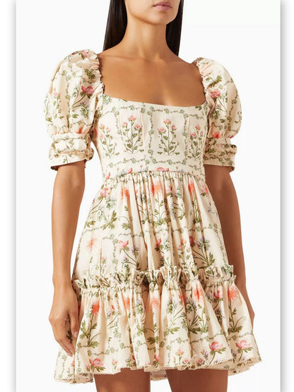 Floral Puff-Sleeve Frill Cotton Mini Dress with puff sleeves and vibrant floral print