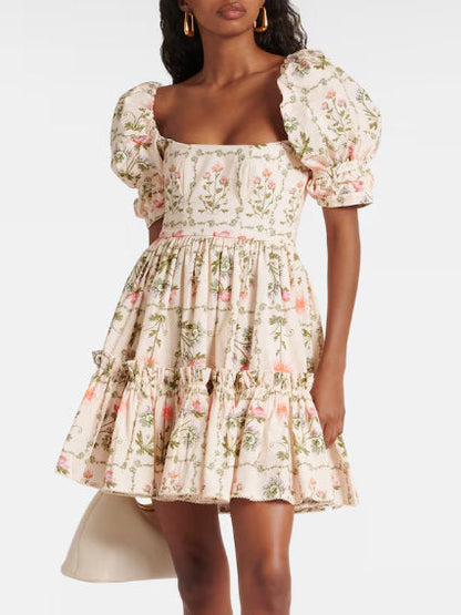 Floral Puff-Sleeve Frill Cotton Mini Dress featuring vibrant floral print and puff sleeves