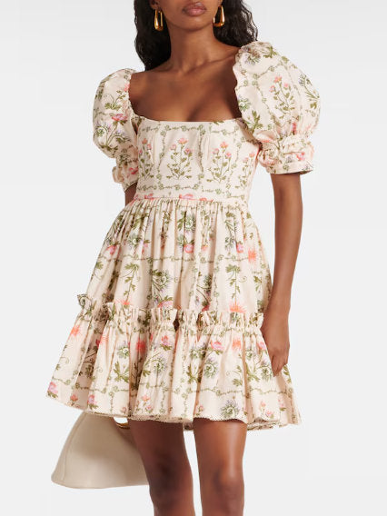 Floral Puff-Sleeve Frill Cotton Mini Dress featuring vibrant floral print and puff sleeves