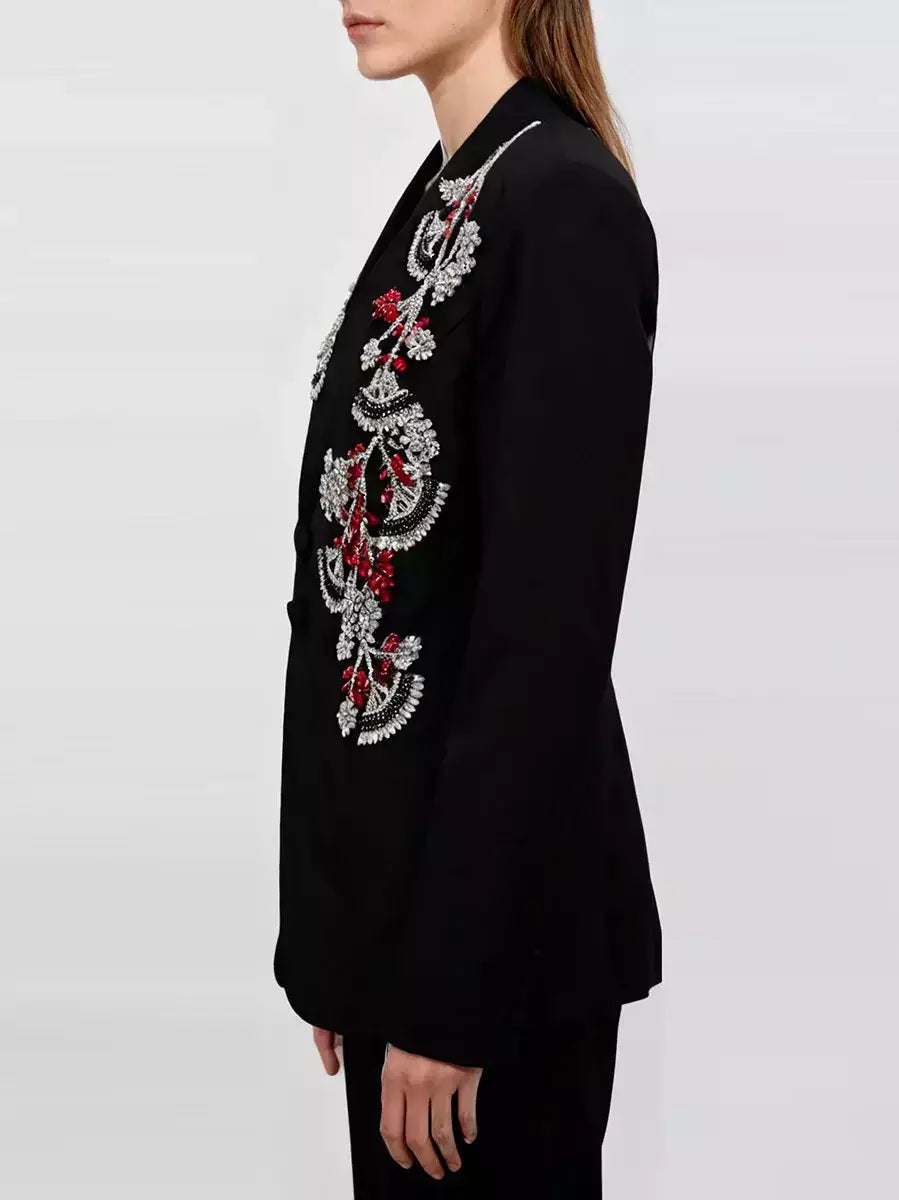 Floral-Rhinestone-Embellished Blazer - Jackets