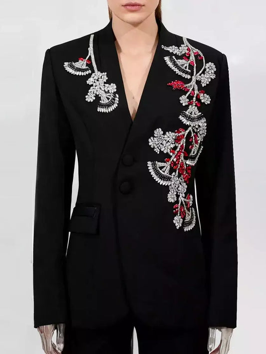Floral-Rhinestone-Embellished Blazer - Medium / Black - Jackets